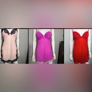 34D Set of 3 Victoria's Secret Chemise Lingerie Slips Lace Trim Fushia,Pink,Red
